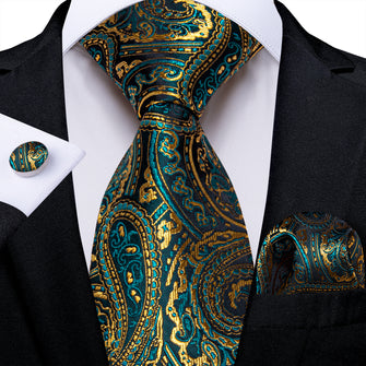 Green Golden Paisley Men's Tie Pocket Square Cufflinks Set