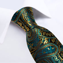 Green Golden Floral Men's Tie Handkerchief Cufflinks Clip Set