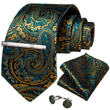 Green Golden Floral Men's Tie Handkerchief Cufflinks Clip Set