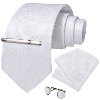 White Paisley Men's Tie Handkerchief Cufflinks Clip Set