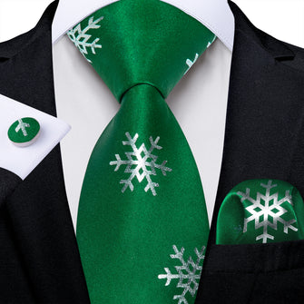Christmas Green Solid Silver Snowflake Men's Tie Pocket Square Cufflinks Set