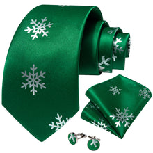 Christmas Green Solid Silver Snowflake Men's Tie Pocket Square Cufflinks Set