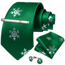 Christmas Green Solid Silver Snowflake Men's Tie Handkerchief Cufflinks Clip Set
