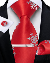 Christmas Red Solid Silver Snowflake Men's Tie Handkerchief Cufflinks Clip Set