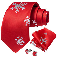 Christmas Red Solid Silver Snowflake Men's Tie Pocket Square Cufflinks Set