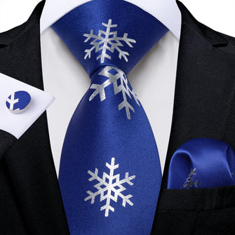 Christmas Blue Solid Silver Snowflake Men's Tie Pocket Square Cufflinks Set