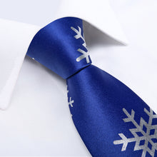 Christmas Blue Solid Silver Snowflake Men's Tie Handkerchief Cufflinks Clip Set