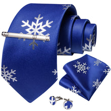 Christmas Blue Solid Silver Snowflake Men's Tie Handkerchief Cufflinks Clip Set