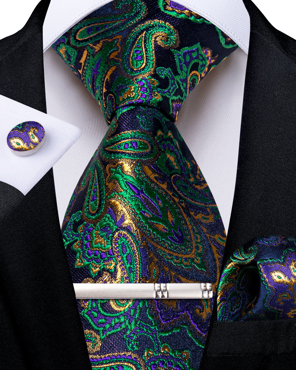 Blue Green Golden Floral Men's Tie Handkerchief Cufflinks Clip Set