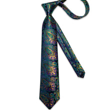 Blue Green Golden Floral Men's Tie Handkerchief Cufflinks Clip Set