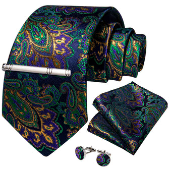 Blue Green Golden Floral Men's Tie Handkerchief Cufflinks Clip Set