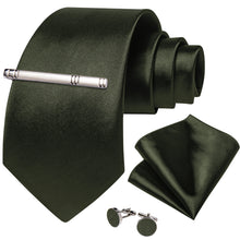 Dark Green Solid Men's Tie Handkerchief Cufflinks Clip Set