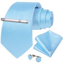 Sky Blue Solid Men's Tie Handkerchief Cufflinks Clip Set