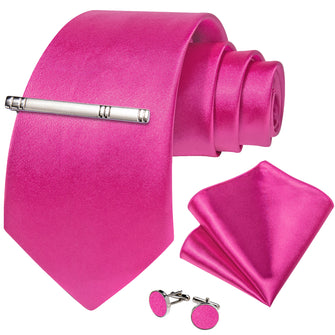 Pink Solid Men's Tie Handkerchief Cufflinks Clip Set