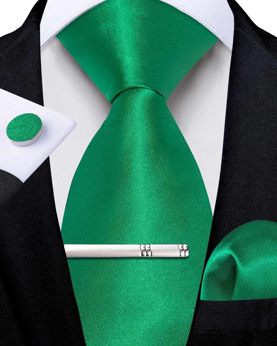 Green Solid Men's Tie Handkerchief Cufflinks Clip Set