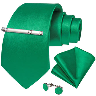 Green Solid Men's Tie Handkerchief Cufflinks Clip Set