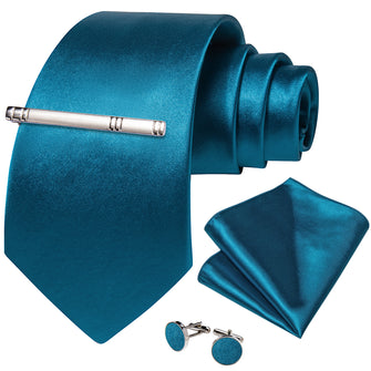 Blue Solid Men's Tie Handkerchief Cufflinks Clip Set