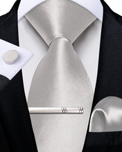 Silver Solid Men's Tie Handkerchief Cufflinks Clip Set
