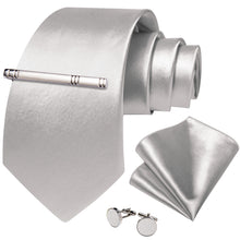 Silver Solid Men's Tie Handkerchief Cufflinks Clip Set