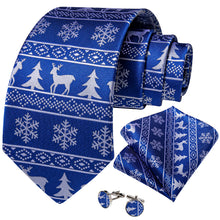 Christmas Blue Solid White Snowflake Elk Tree Men's Tie Pocket Square Cufflinks Set