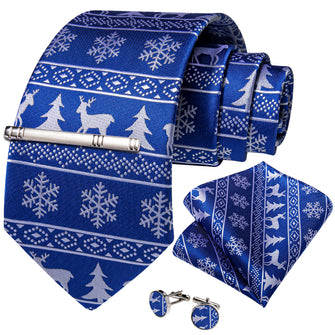 Christmas Blue Solid White Snowflake Elk Tree Men's Tie Handkerchief Cufflinks Clip Set