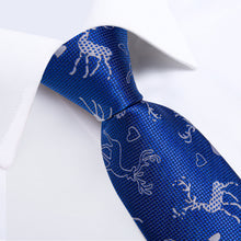 Christmas Blue Solid Elk Tree Men's Tie Pocket Square Cufflinks Set