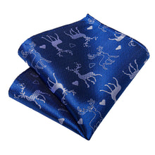 Christmas Blue Solid Elk Tree Men's Tie Handkerchief Cufflinks Clip Set