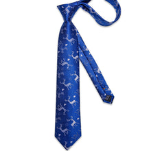 Christmas Blue Solid Elk Tree Men's Tie Handkerchief Cufflinks Clip Set