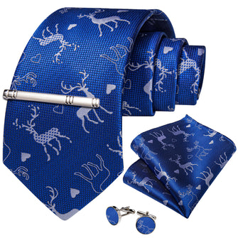 Christmas Blue Solid Elk Tree Men's Tie Handkerchief Cufflinks Clip Set