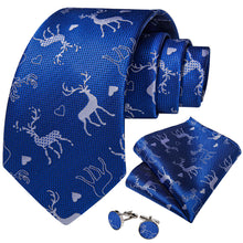 Christmas Blue Solid Elk Tree Men's Tie Pocket Square Cufflinks Set