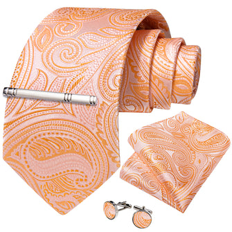 Orange Paisley Men's Tie Handkerchief Cufflinks Clip Set