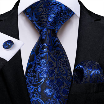 Black Blue Floral Men's Tie Pocket Square Cufflinks Set