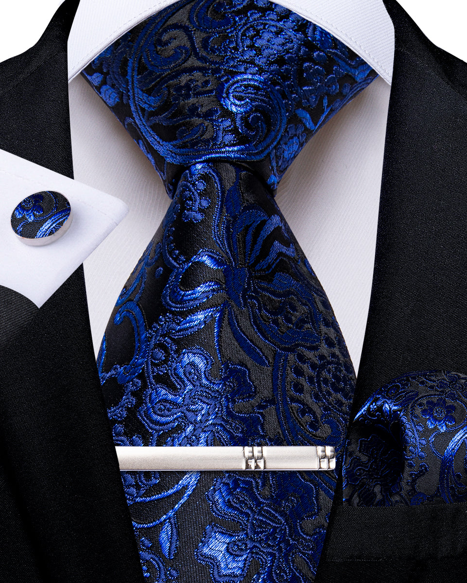 Black Blue Floral Men's Tie Handkerchief Cufflinks Clip Set