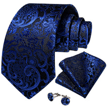 Black Blue Floral Men's Tie Pocket Square Cufflinks Set