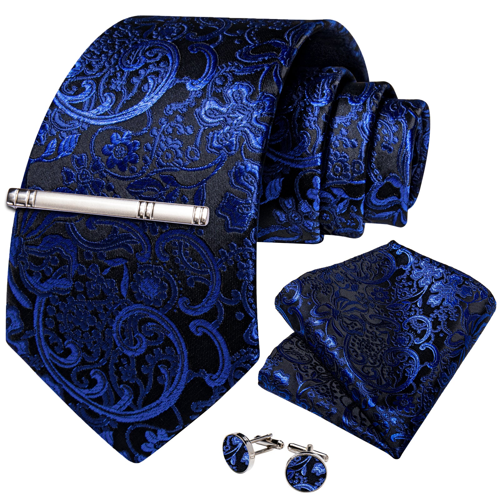 Black Blue Floral Men's Tie Handkerchief Cufflinks Clip Set