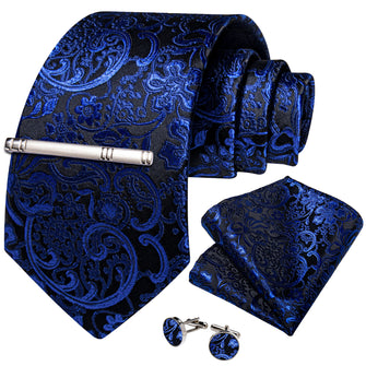 Black Blue Floral Men's Tie Handkerchief Cufflinks Clip Set