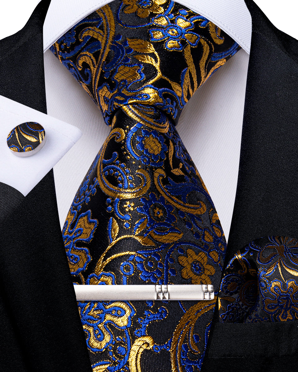 Black Blue Golden Floral Men's Tie Handkerchief Cufflinks Clip Set