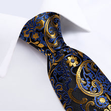 Black Blue Golden Floral Men's Tie Handkerchief Cufflinks Clip Set
