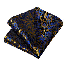 Black Blue Golden Floral Men's Tie Handkerchief Cufflinks Clip Set