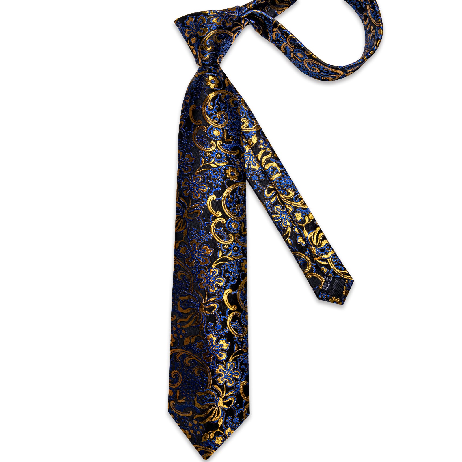 Black Blue Golden Floral Men's Tie Handkerchief Cufflinks Clip Set