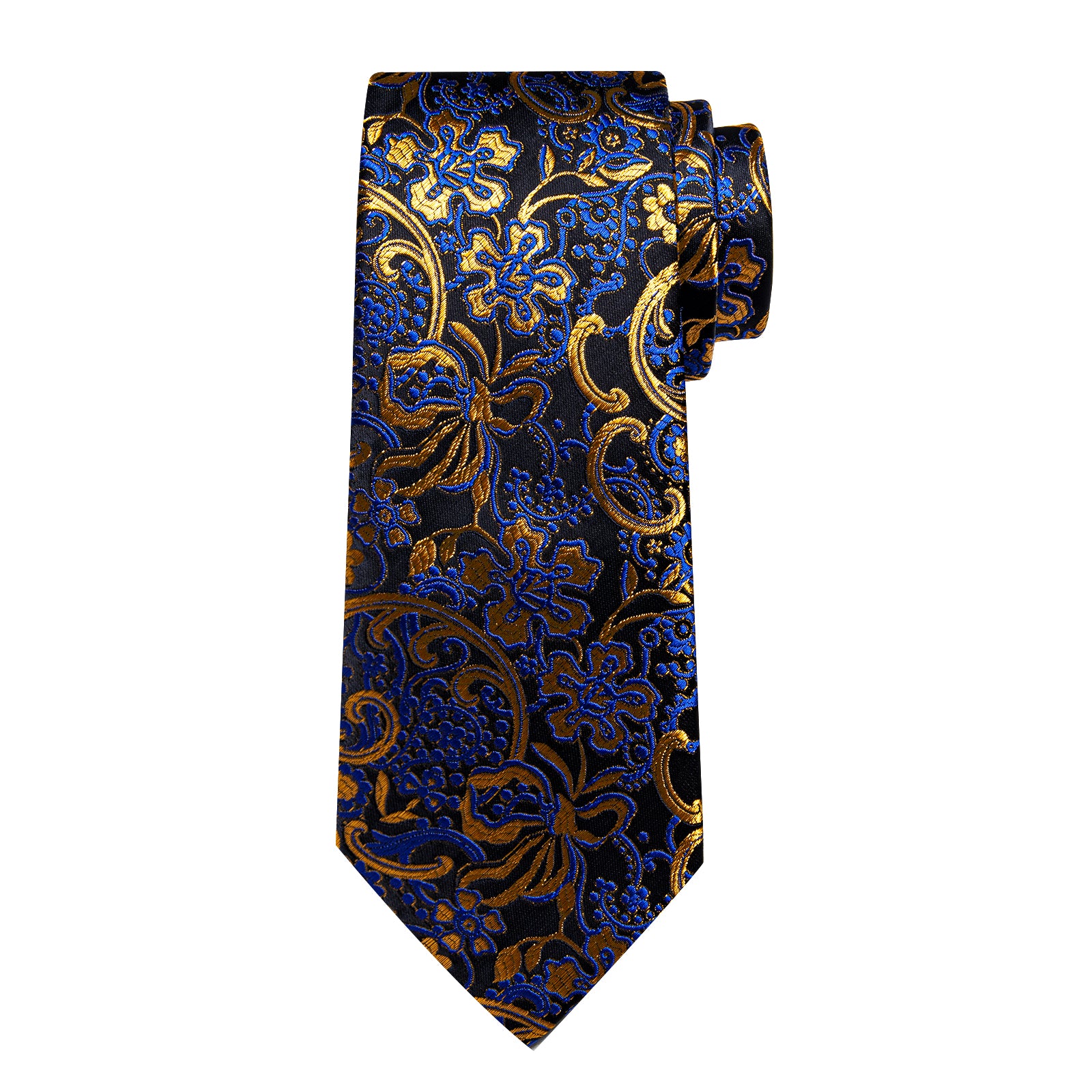 Black Blue Golden Floral Men's Tie Handkerchief Cufflinks Clip Set