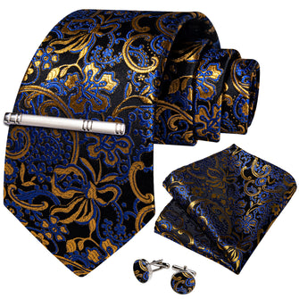 Black Blue Golden Floral Men's Tie Handkerchief Cufflinks Clip Set