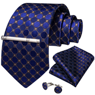 Blue Green Plaid Men's Tie Handkerchief Cufflinks Clip Set