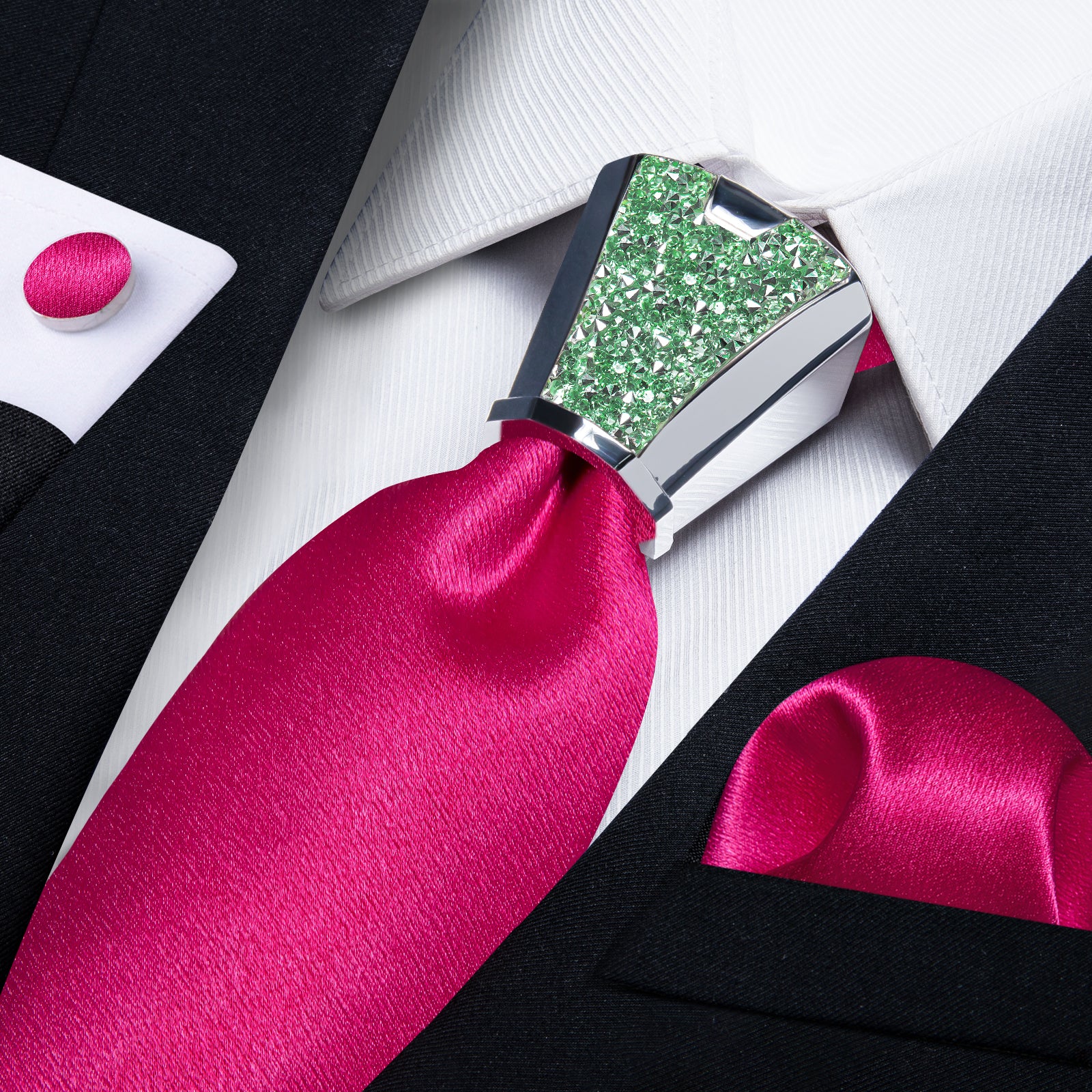 fashion wedding design Shining solid hot pink mens tie pocket square cufflinks set with tie accessory ring set