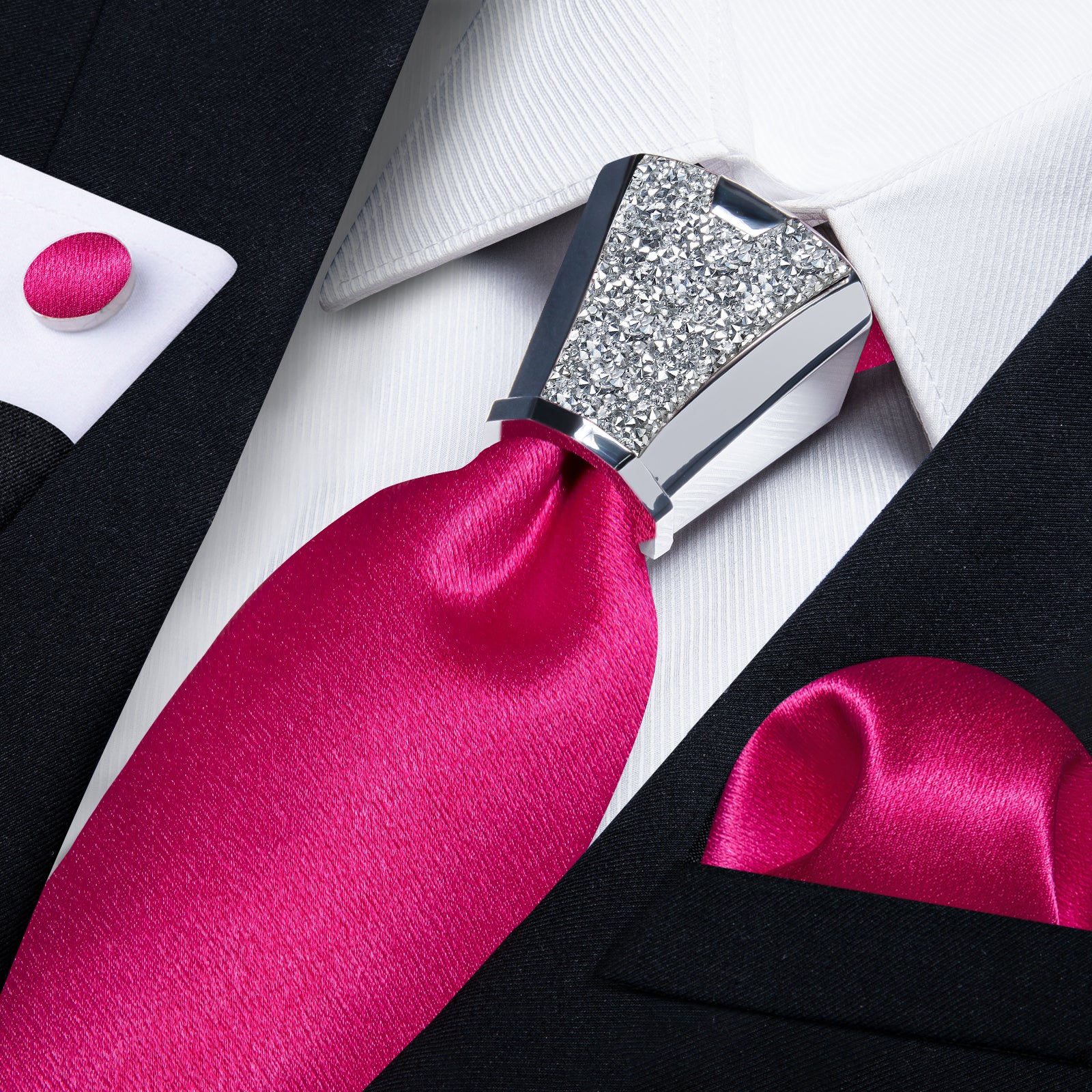 fashion wedding design Shining solid hot pink mens tie pocket square cufflinks set with tie accessory ring set