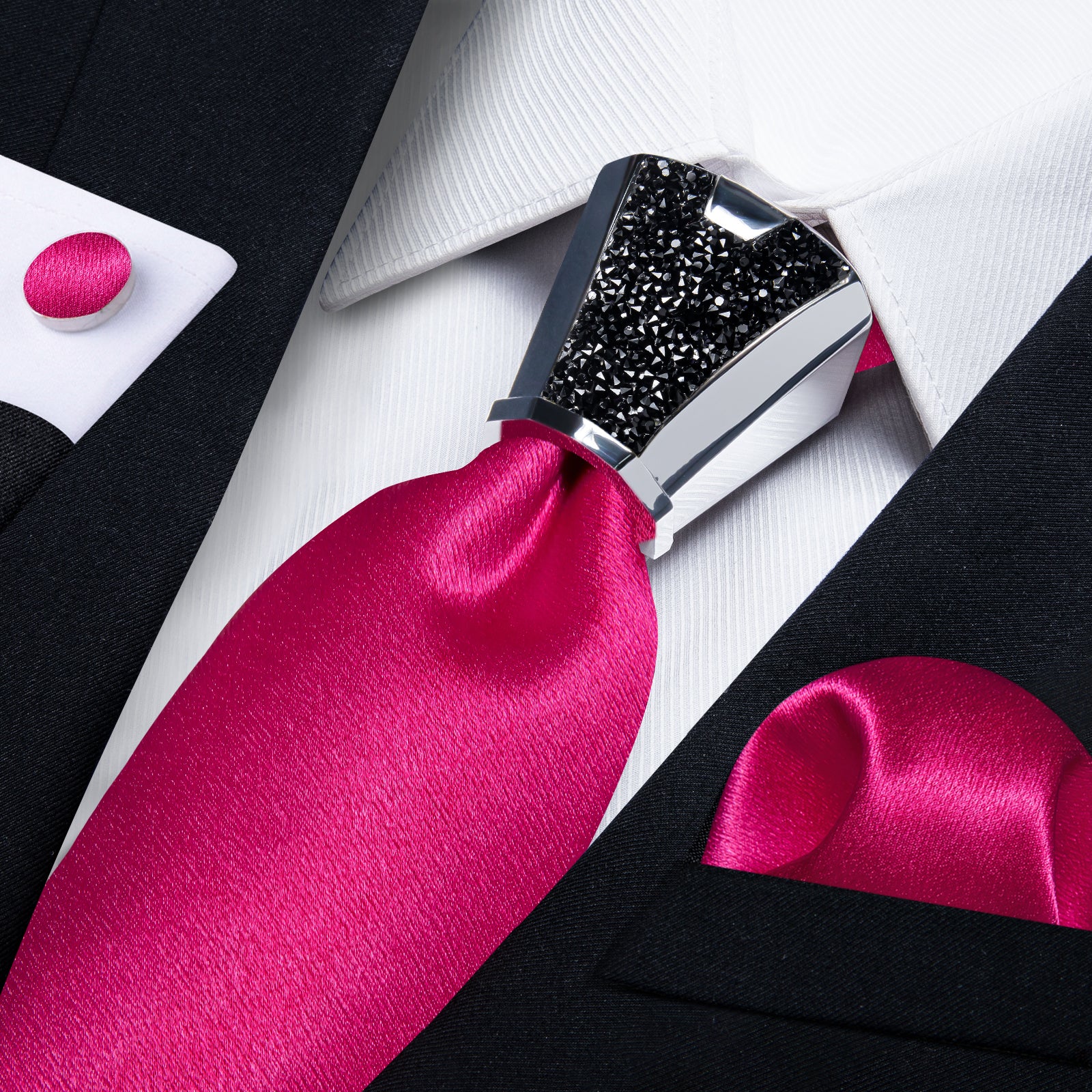 fashion wedding design Shining solid hot pink mens tie pocket square cufflinks set with tie accessory ring set