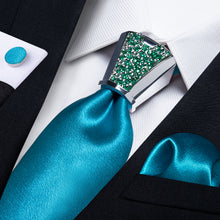Shining Solid Cerulean blue tie with black suit