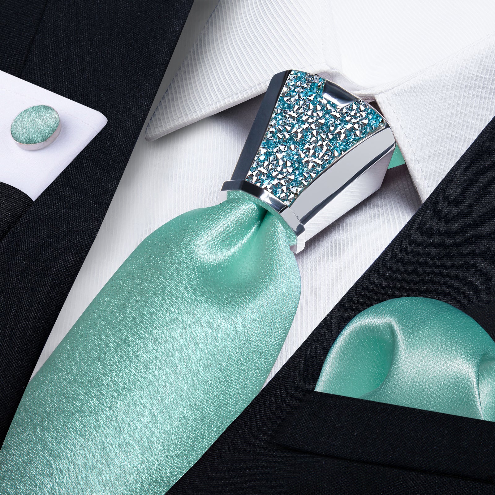 silk mens Shining Solid Turquoise nice tie handkerchief cufflinks set with mens tie accessory ring set for wedding suit dress