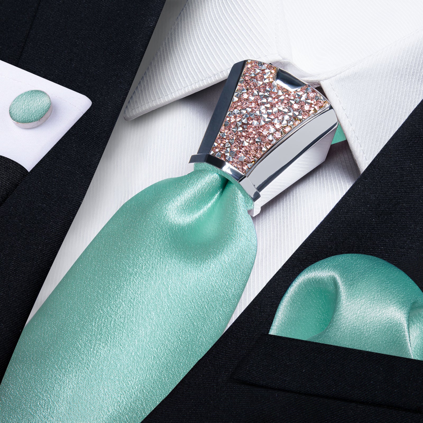silk mens Shining Solid Turquoise nice tie handkerchief cufflinks set with mens tie accessory ring set for wedding suit dress
