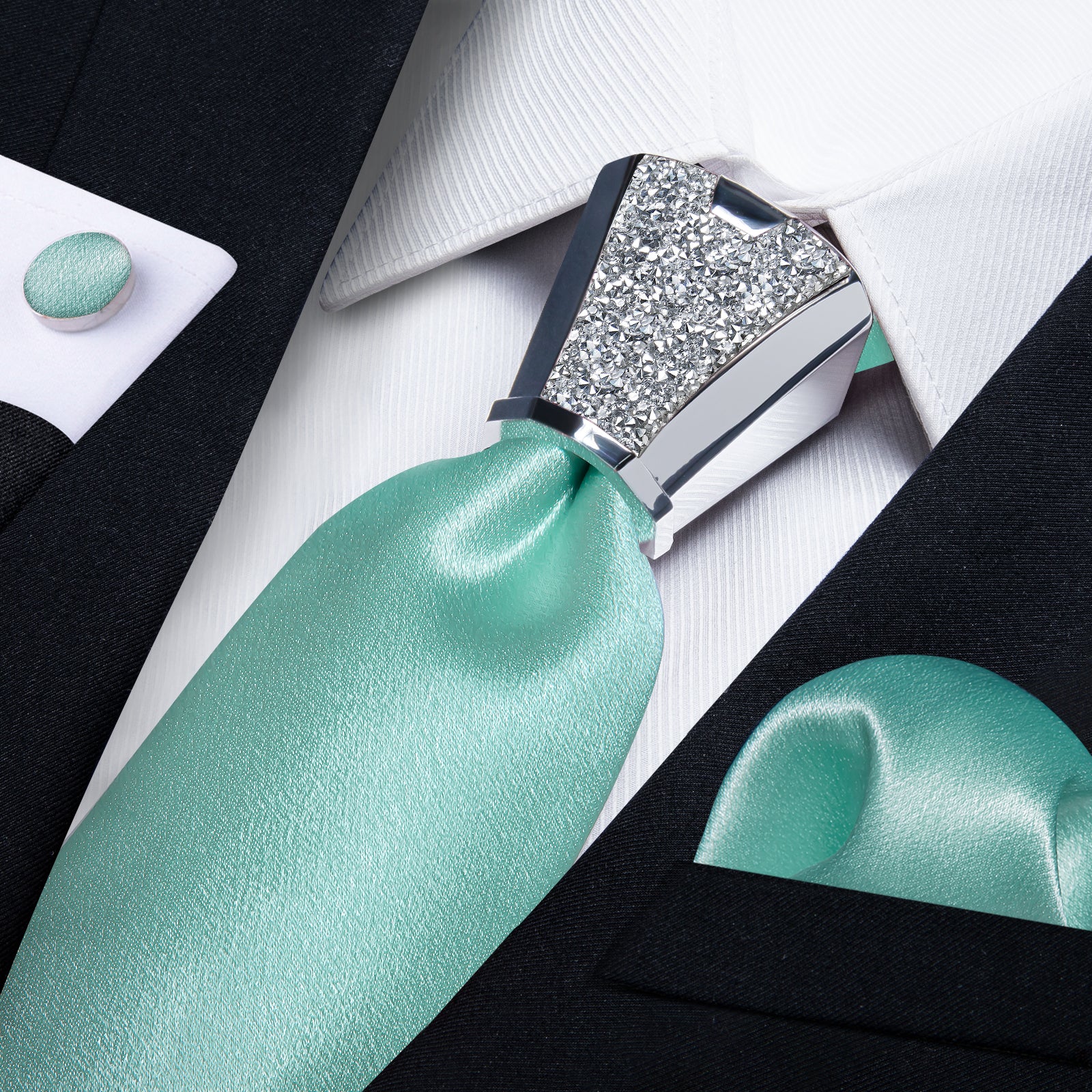 silk mens Shining Solid Turquoise nice tie handkerchief cufflinks set with mens tie accessory ring set for wedding suit dress